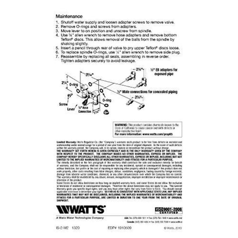 Diagram and maintenance instructions for 2T-M2 1/2 Inch Brass Tubular Washing Machine Hot Water Shut Off Valve