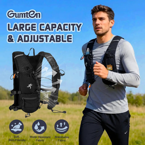 Man running in field wearing Unisex Hydration Running Vest With Adjustable Chest Straps, Lightweight Nylon Gear for Marathon