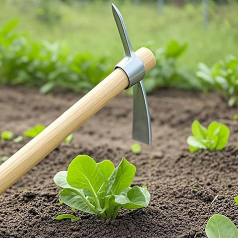 Two Pack 16 Inch Garden Pick Axe With Stainless Steel Head And Hardwood Handle Mattock Hoe in soil with plants