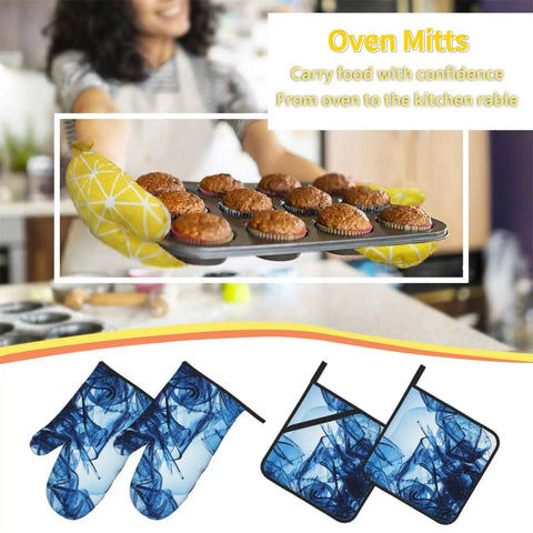 Woman holding a tray of muffins while using Rock Your Kitchen With These Cool Abstract Blue Fluid Shapes Oven Mitts And Pot Holders Set Of 4.