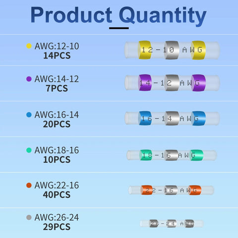 Solder Seal Wire Connectors Kit, 120-Piece Heat Shrink Butt Connectors for Electrical Wiring, range of AWG sizes and quantities shown