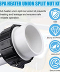 Close-up of 2-inch spa heater split-nut union with white tailpiece and black plastic nut