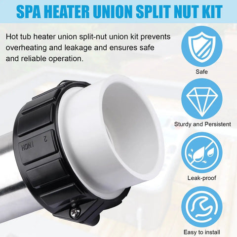 Hot Tub Heater Split Nut Union And Tailpiece 2 Inch Adapter Kit Set Of 2 With Washers shown in close-up view with safety icons.