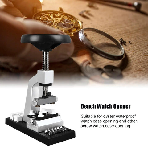 Pro Grade Watch Case Back Opener Bench Tool With Metal Base Adjustable Fixture And 12 Chucks displayed on wooden desk.
