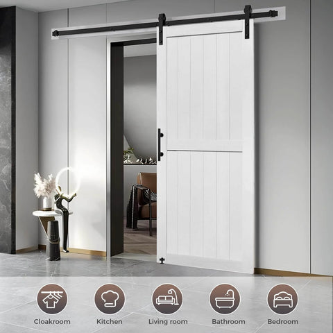 Image of 36x84 Inch MDF Barn Door Kit with 6.6 Ft Sliding Hardware, solid PVC surface shown installed in a modern living room.