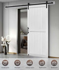 28 Inch By 84 Inch MDF Barn Door With Five Foot Sliding Hardware Kit Waterproof PVC Surface Easy Assembly in modern living room setting