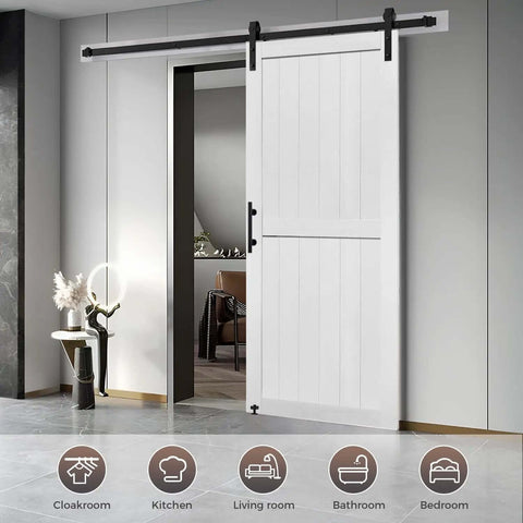 28 Inch By 84 Inch MDF Barn Door With Five Foot Sliding Hardware Kit Waterproof PVC Surface Easy Assembly in modern living room setting
