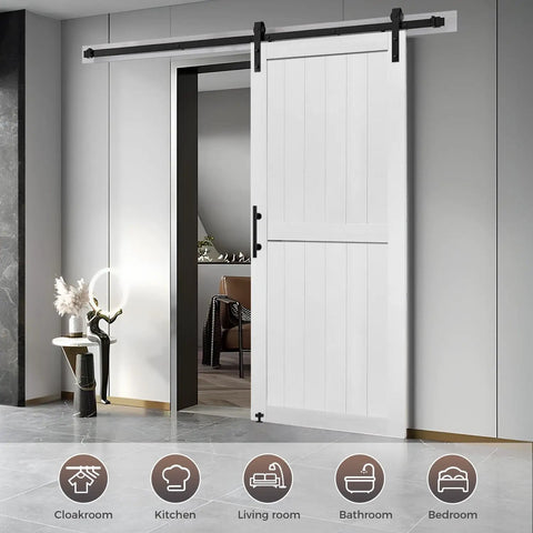 46X84 INCH HEAVY DUTY MDF SLIDING BARN DOOR WITH FULL 8FT HARDWARE KIT, WATERPROOF PVC CLADDING in modern interior setting.
