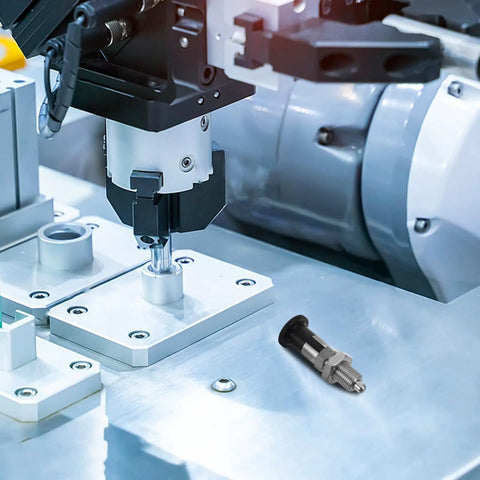 Heavy Duty Stainless Steel Self Locking Spring Plunger Pin With Kickass Safety Latch And Slick Indexing Action For Demanding Industrial Jobs Gearbox And Rigging on machine surface.