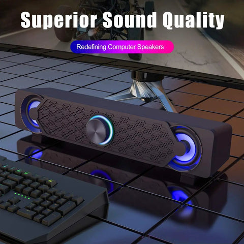 Compact Desktop PC Speakers With USB Powered Wired Connection For Monitor Setup, Mini Soundbar with LED light effects