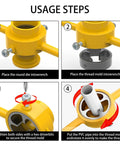 Steps to use the PVC Pipe Thread Maker Tool Kit With 12 Pcs Dies, showing assembly and threading process on yellow tool.