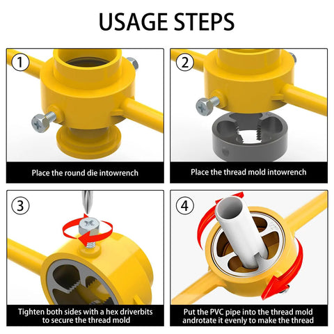Steps to use the PVC Pipe Thread Maker Tool Kit With 12 Pcs Dies, showing assembly and threading process on yellow tool.