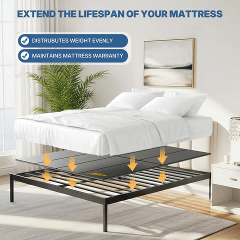Built Different Queen Size Bunkie Board Rock Solid Eight Millimeter Wooden Mattress Foundation under a mattress with slatted frame.