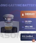 Graphic showcasing 2-Pack Universal Garage Door Opener Remote with 240MAH battery and FCC certification details.