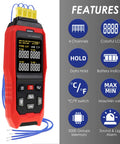 Four Channel Thermocouple Data Logger Thermometer Workhorse with K, J, and T type thermocouples, features overview displayed.