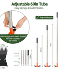 Adjustable 60-inch handle for 2 In 1 Garden Hoe And Weed Puller Rake with heavy duty spring steel head and assembly tools shown