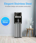 Bottom Load Water Dispenser For Five Gallon Bottles With Hot Cold And Room Temperature Water, Stainless Steel Finish in a living room
