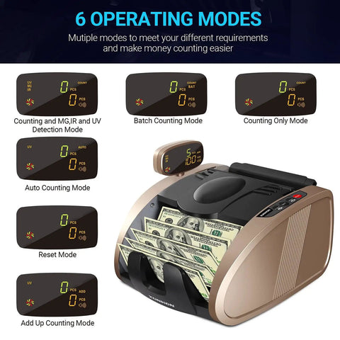 Portable Cash Counter With UV MG IR Counterfeit Detection displaying 6 operating modes on dual LCD for small biz