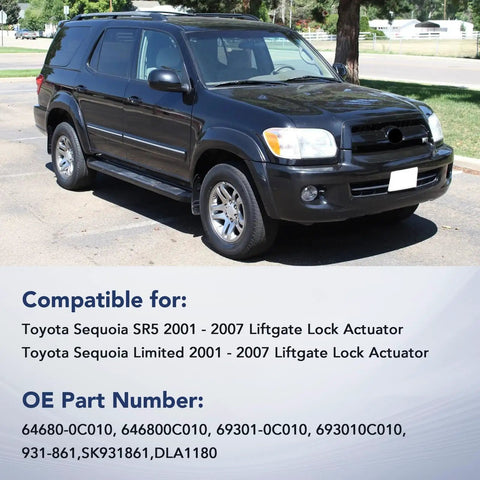 Toyota Sequoia SUV with liftgate lock actuator compatibility details for 2001-2007 models, showing OE part numbers.
