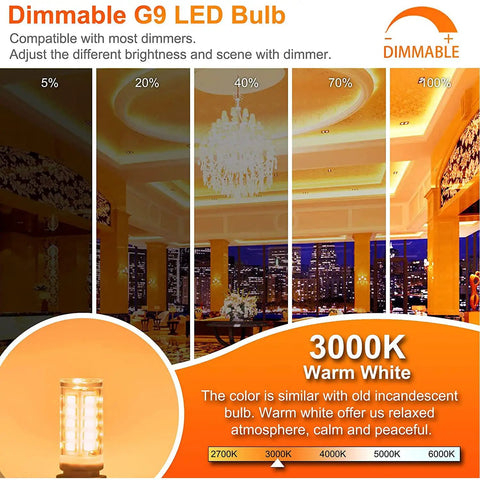 10 Pack Dimmable G9 LED Bulbs 3000K Warm White 4W image showing dimming effect from 20% to 100% and warm ambiance in a room