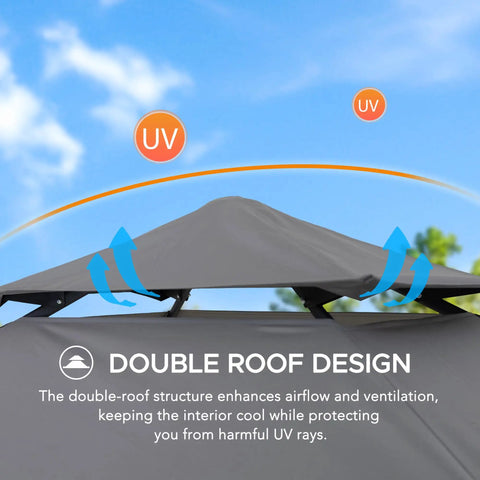 Double roof of 8 By 5 Foot Pop Up Grill Gazebo With Double Tier Standing Height Canopy Magnetic LED Light Adjustable Ceiling Height No Tool Needed Setup In Minutes For Barbecues Picnics And Outdoor Events Gray showing airflow