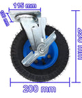 Heavy duty caster wheel with top plate swivel, air-filled rubber, side brakes shown with measurements