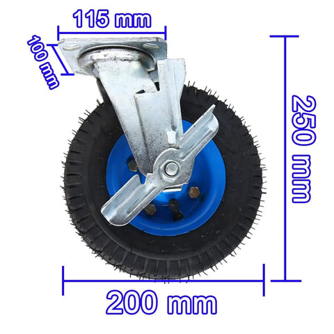 Heavy duty caster wheel with top plate swivel, air-filled rubber, side brakes shown with measurements