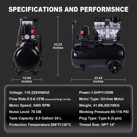 Top Pick Heavy Duty Ultra Quiet Air Compressor 6.3 Gallon Oil Free 1.5HP Motor High Output 116 PSI Fast Fill For Professional Use At Home Garage Workshop Projects And Auto Repair Jobs