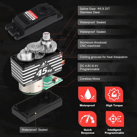 Waterproof 45Kg Beefy High Torque Coreless Servo With Metal Gear And Stainless Steel Gear for RC Crawler Car.