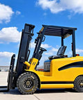 Heavy Duty Electric Forklift With Plug And Play Fast Charging And Zero Turning Radius Four Way Mini Lift Truck in bright yellow.
