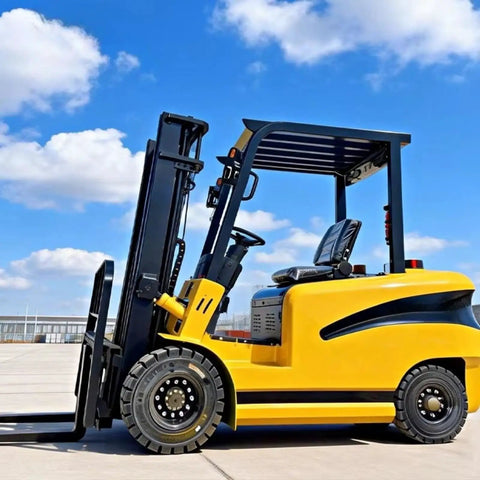 Heavy Duty Electric Forklift With Plug And Play Fast Charging And Zero Turning Radius Four Way Mini Lift Truck in bright yellow.