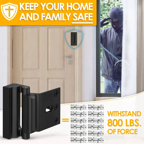 Heavy Duty Home Security Door Reinforcement Lock With 3 Inch Stop And 800 Pounds Of Force, Child Proof Front Door Lock shown installed