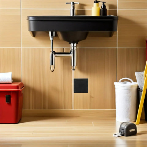 Slick Black Plastic Wall Access Panel Swings Open For Easy Inspections fits neatly below a modern sink in a bathroom setting.