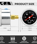Side and front views of Glycerin-Filled Low Pressure Gauge 0-60 PSI, 1.5 Inch Dial, One-Eighth Inch NPT Back Mount