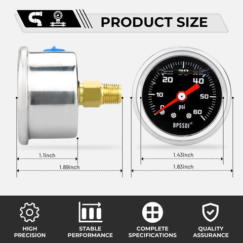 Side and front views of Glycerin-Filled Low Pressure Gauge 0-60 PSI, 1.5 Inch Dial, One-Eighth Inch NPT Back Mount