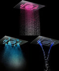 Luxury LED Rain Shower System With Built In Bluetooth Speakers And Thermostatic Faucet Set Five Function Matte Black Body Jet Kit in illuminated spray modes.