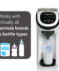 Front view of white Baby Brezza Formula Pro Mini formula mixer with bottle under dispenser
