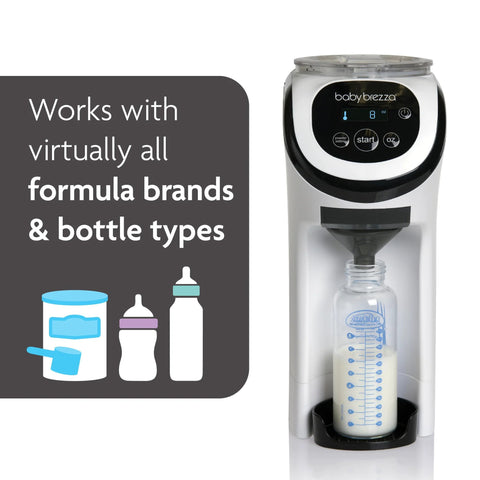 Front view of white Baby Brezza Formula Pro Mini formula mixer with bottle under dispenser