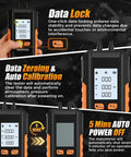 Pro Grade Dual Port Digital HVAC Manometer showing data lock, auto calibration, and 5-minute power-off features