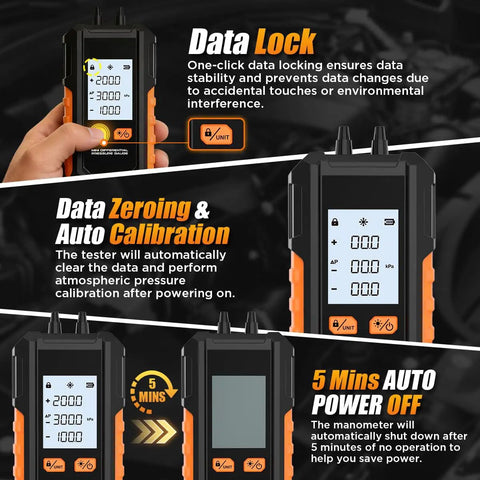 Pro Grade Dual Port Digital HVAC Manometer showing data lock, auto calibration, and 5-minute power-off features