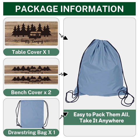 Essential Outdoor Picnic Table Cover Set With Bench Covers Elastic Edges 72 Inch Three Piece Waterproof Fitted Tablecloth With Drawstring Bag For Camping Patio And Outdoor Fun
