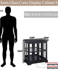30 Inch Glass Curio Display Cabinet With LED Lighting Modern Two Lattice Doors shown with dimensions next to human silhouette