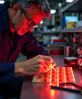 Technician using Advanced SMD and SMT Soldering Practice Kit for Pro Electronics Hobbyists DIY Training Board With 313 Components And 1079 Precision Solder Points EK8489 under red light.