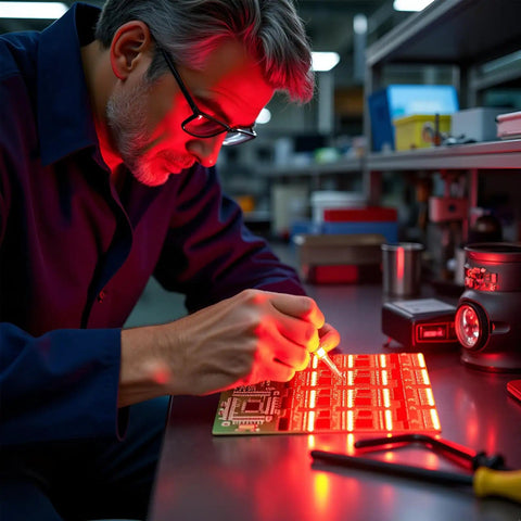 Technician using Advanced SMD and SMT Soldering Practice Kit for Pro Electronics Hobbyists DIY Training Board With 313 Components And 1079 Precision Solder Points EK8489 under red light.
