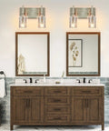 Bathroom with brushed nickel vanity light fixture with clear glass and metal mesh 2 light vanity lights above mirrors.