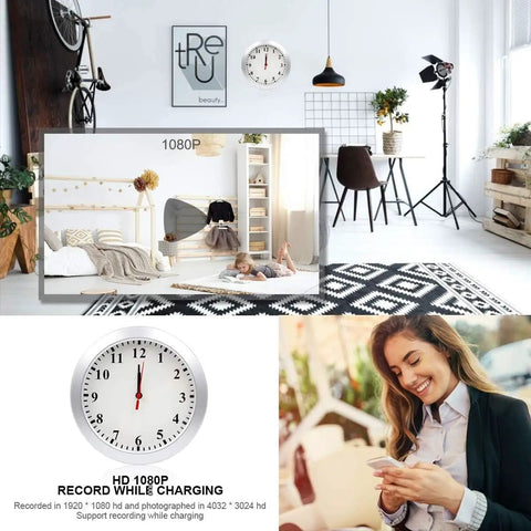Discreet Hidden Camera Wall Clock With 1080P HD WiFi Live Feed visible in a stylish modern living room setting.