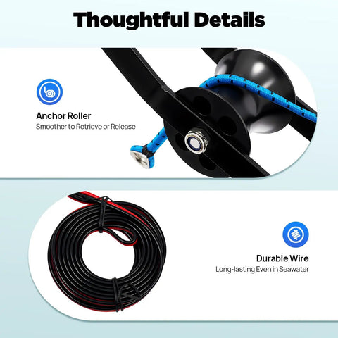Heavy Duty 12V Electric Anchor Winch For Marine Boat With Remote Control And 100 Feet Rope showing anchor roller and durable wire.