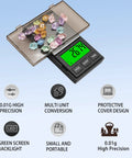 Pocket Digital Scale With 0.01g Precision And 1000g Capacity Backlit LCD for gems, features icons and green screen