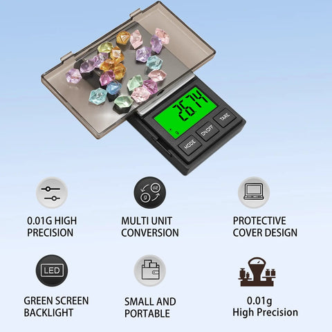 Pocket Digital Scale With 0.01g Precision And 1000g Capacity Backlit LCD for gems, features icons and green screen