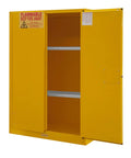 Heavy Duty Flammable Safety Cabinet With 90 Gallon Capacity, FM Approved, Built Tough 16 Gauge Double Wall Steel Build, Adjustable Shelves, Manual Swing Doors, Rugged Yellow Powder Coat Finish showcasing open doors and shelves.
